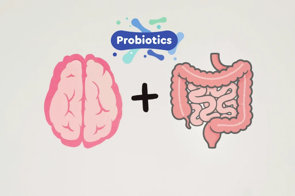 Illustration of probiotics, intestines, and a human brain, representing the gut-brain axis connection related to the best probiotics for brain health.
